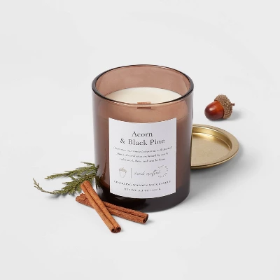 Clear Colored Glass with Woodwick and Brass Metal Inset Lid Acorn + Black Pine Candle Brown - Threshold™ Clear Colored Glass With Woodwick And Brass Metal Inset Lid Acorn + Black Pine Candle Brown - Threshold™ -Outdoor Furniture Store GUEST 5fa327df 5133 47b8 a926 0d5334ce061c