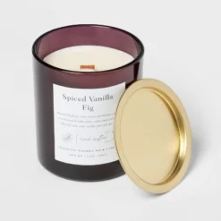 Clear Colored Glass With Woodwick And Brass Metal Inset Lid Spice Vanilla Fig Candle Purple - Threshold™ -Outdoor Furniture Store GUEST 851e53a4 1b0e 449b 92ac ac1f0d30a37e