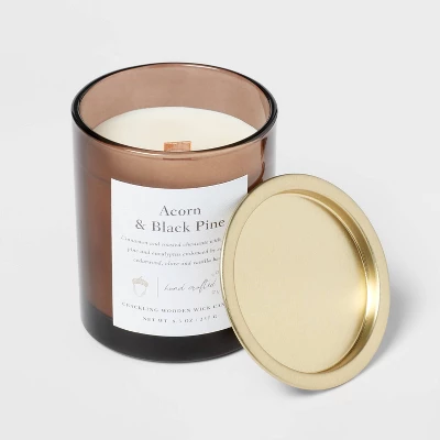 Clear Colored Glass with Woodwick and Brass Metal Inset Lid Acorn + Black Pine Candle Brown - Threshold™ Clear Colored Glass With Woodwick And Brass Metal Inset Lid Acorn + Black Pine Candle Brown - Threshold™ -Outdoor Furniture Store GUEST e82cdb94 c293 4984 b5b6 1ca170680739